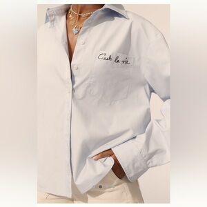 Anthropologie Maeve French Saying Light Blue Button Down Shirt